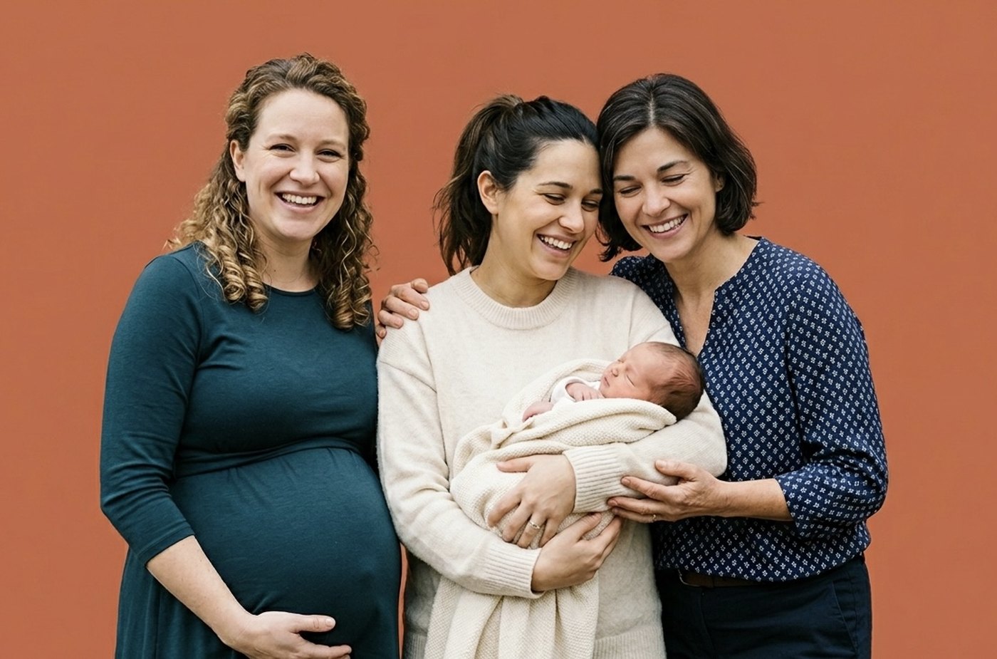 Tres mujeres de la comunidad MATRUM: embarazada, recién parida y en menopausia